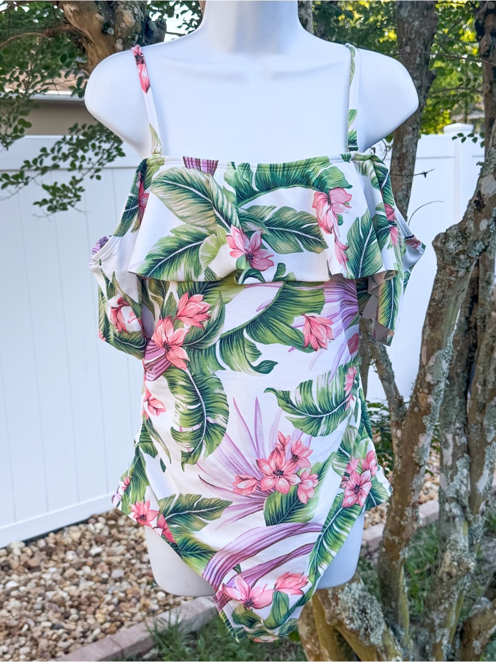 Kona Sol Tropical Floral One Piece Swimsuit XL Ruffle Off Shoulder